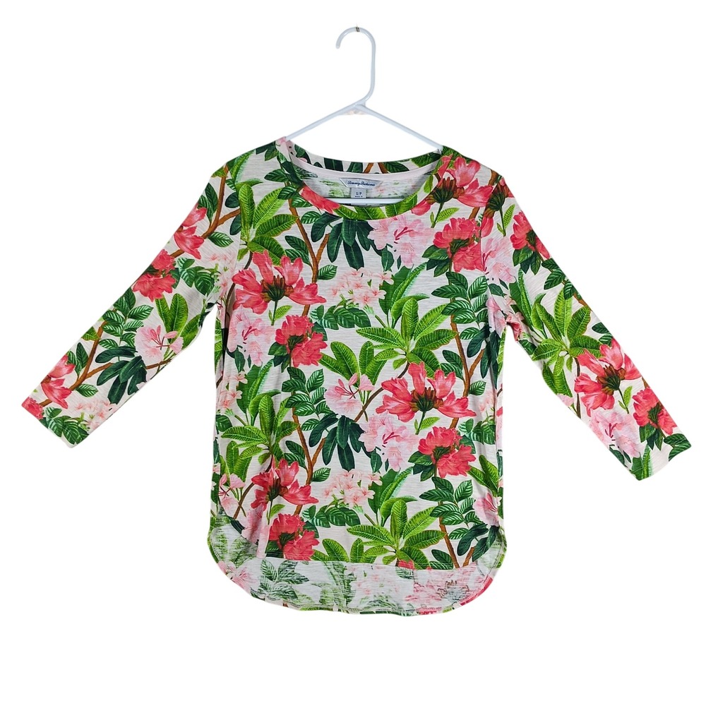Tommy Bahama Top Women Small White Pink Green Ashby Isles Floral Blooms Cotton